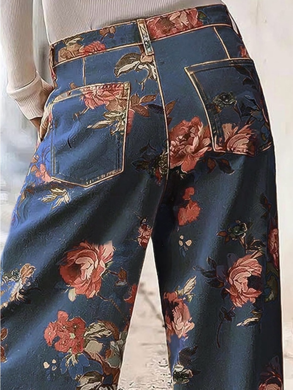 Wide Leg Floral Pants in Navy with Pink Roses - Picture 2 of 4